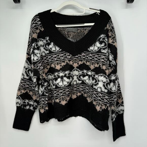 Anthropologie Cropped Distressed Sweater Womens Size Small Slouchy Black V-Neck - Picture 3 of 12